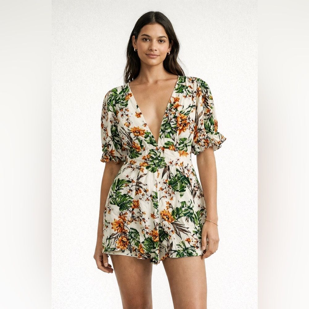 Here Comes The Sun Tropical Boho Print V-neck Puff Sleeve Romper Size XS